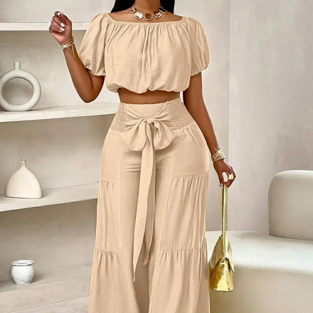 Khaki Casual Women's Beach One-Shoulder Puff-Sleeved Crop Top & Wide Leg Pants